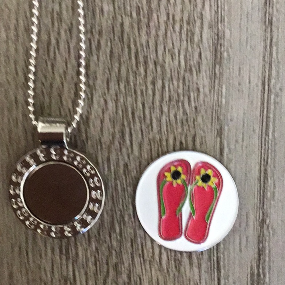 Golf ball marker magnetic necklace. Flip flop coin